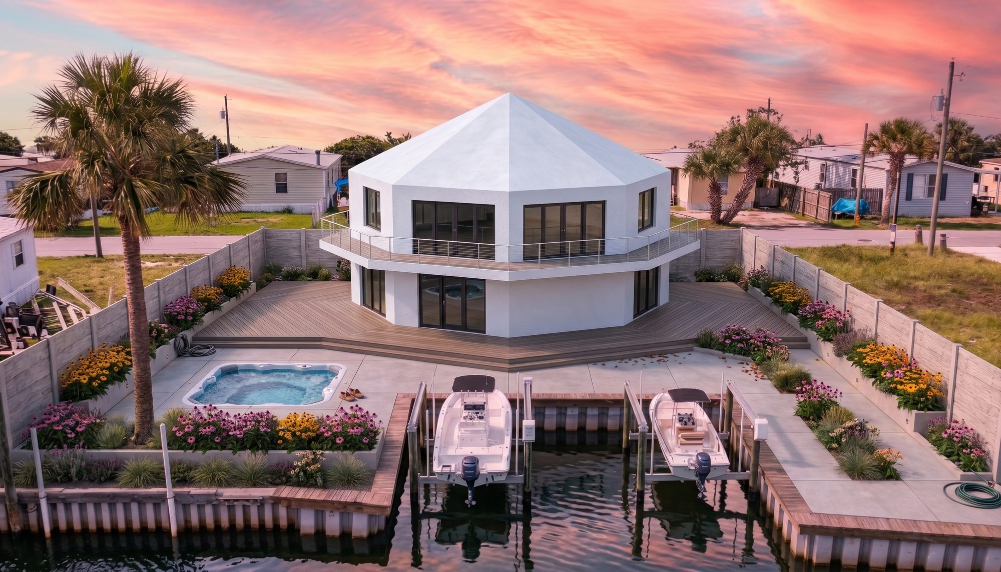 Octolithic concrete kit home, an eight sided house on a Florida canal at sunset, with a wraparound deck, a hot tub and two boats at the dock